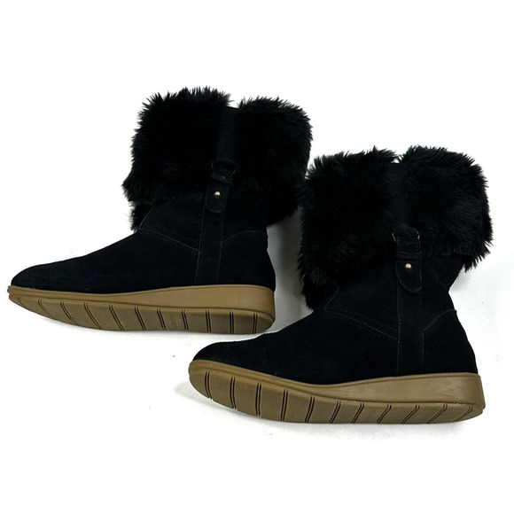 LANDS' END Mendota Black Suede Faux Fur Snow Boots Womens Size 7B Pull-On 420483 - Picture 5 of 11